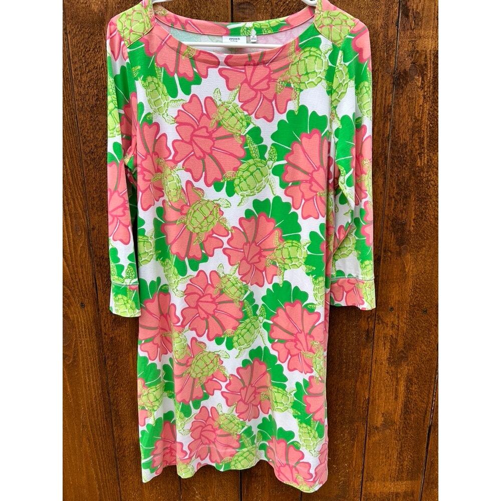 Crown & Ivy Beach Sea Turtle Floral Print Shift Dress Coverup Pink Green M